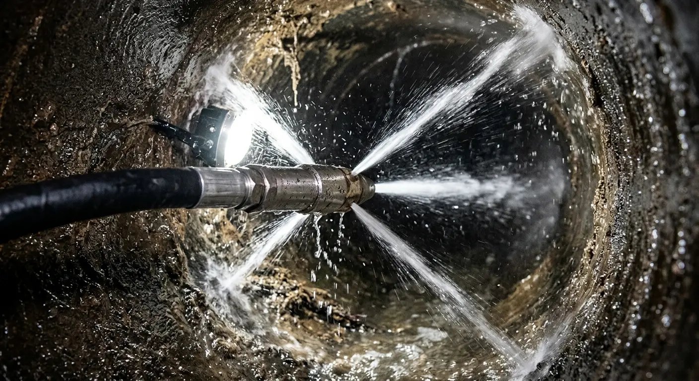 High-pressure hydro jetting nozzle cleaning sewer pipe for Trenchless Sewer Repair in Braintree Town