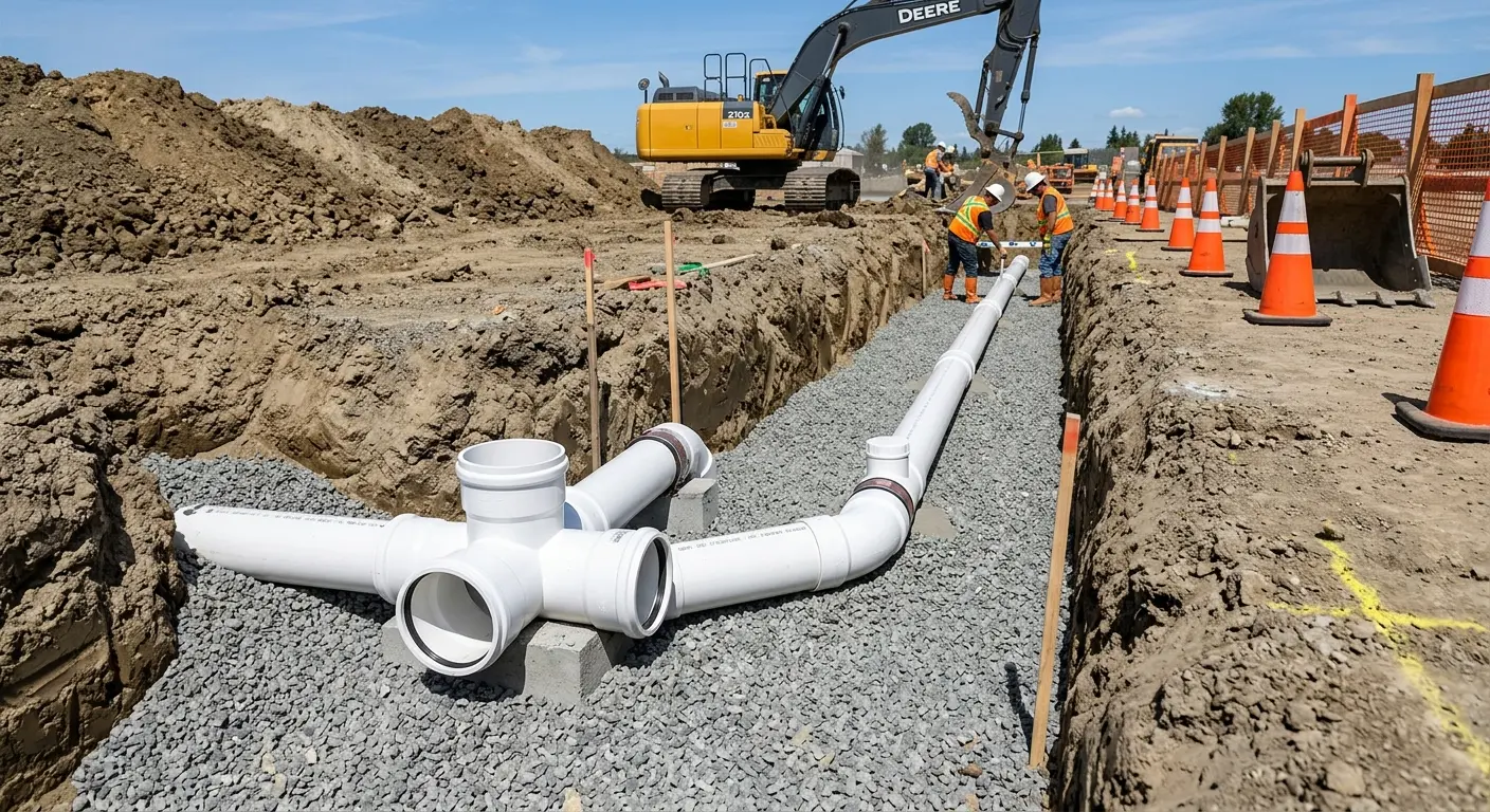 New PVC sewer pipe installation in open trench for Sewer Backup in Braintree Town