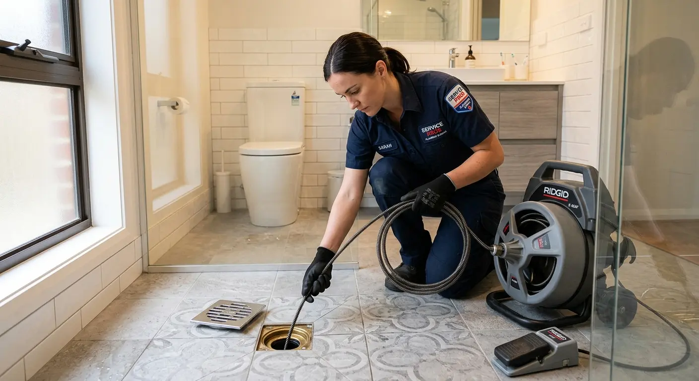 Technician clearing a bathroom floor drain for Drain Cleaning in Braintree Town